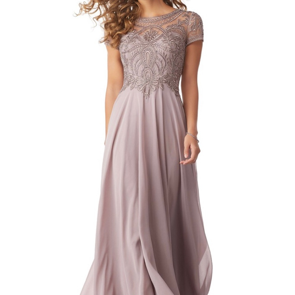 NWT Mori Lee Evening Gown - Chiffon Lilac Beaded Embroidery on Net Bodice Sz 14